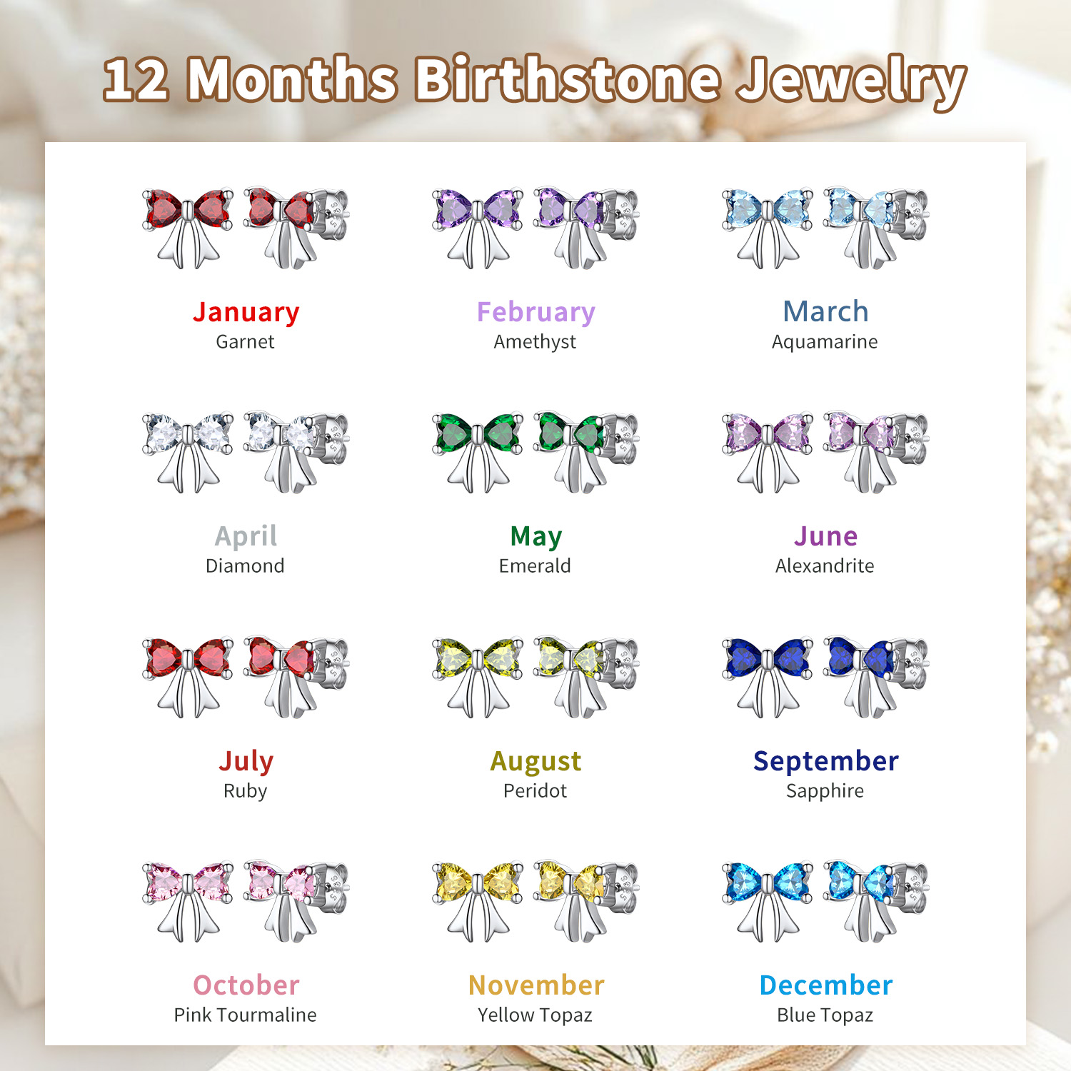 FindChic Bow Earrings for Women Dainty Love Heart Cubic Zirconia Birthstone Stud Earring with Hypoallergenic S925 Ear Post Birthday Jewelry Gifts for Her