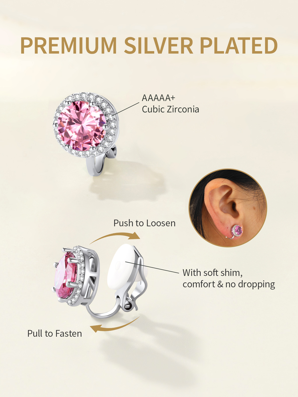 FindChic Clip On Earrings for Wome Lightweight 8MM Cubic Zirconia Non Pierced Studs Silver Birthstone Earrings Birthday Valentines Day Jewelry Gifts for Her/Mom/Girlfriend