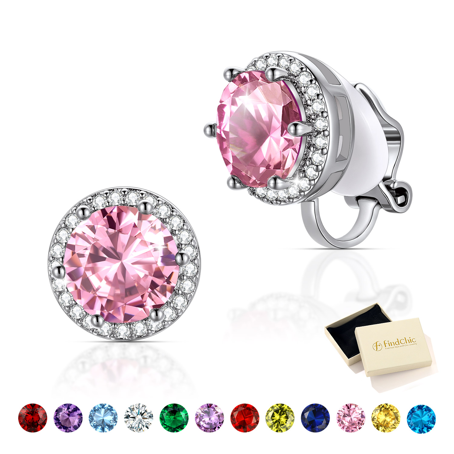 FindChic Clip On Earrings for Wome Lightweight 8MM Cubic Zirconia Non Pierced Studs Silver Birthstone Earrings Birthday Valentines Day Jewelry Gifts for Her/Mom/Girlfriend