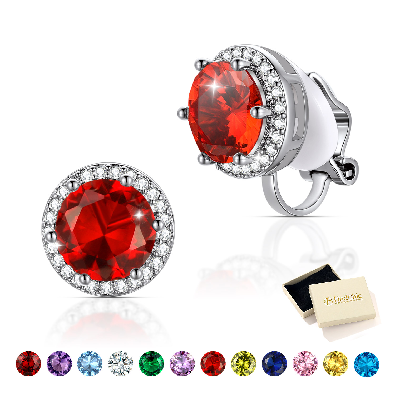 FindChic Clip On Earrings for Wome Lightweight 8MM Cubic Zirconia Non Pierced Studs Silver Birthstone Earrings Birthday Valentines Day Jewelry Gifts for Her/Mom/Girlfriend