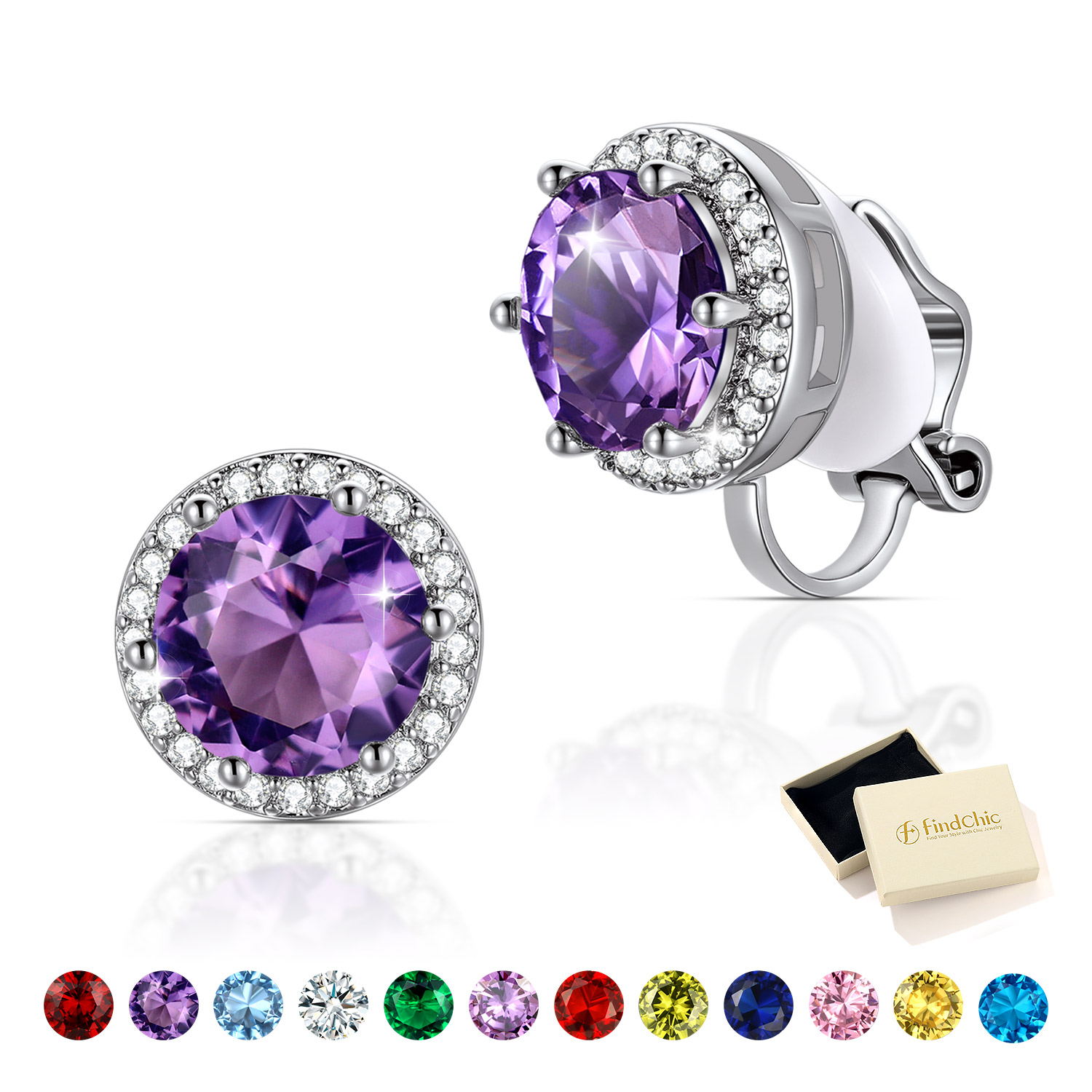 FindChic Clip On Earrings for Wome Lightweight 8MM Cubic Zirconia Non Pierced Studs Silver Birthstone Earrings Birthday Valentines Day Jewelry Gifts for Her/Mom/Girlfriend