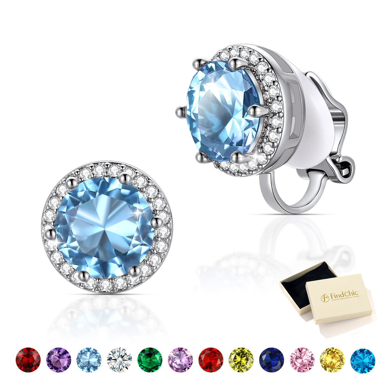 FindChic Clip On Earrings for Wome Lightweight 8MM Cubic Zirconia Non Pierced Studs Silver Birthstone Earrings Birthday Valentines Day Jewelry Gifts for Her/Mom/Girlfriend