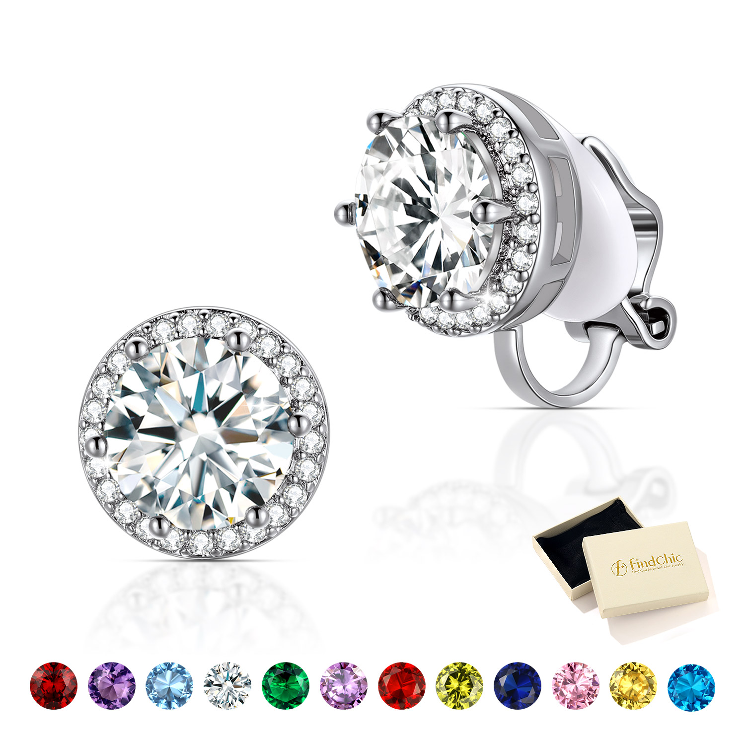 FindChic Clip On Earrings for Wome Lightweight 8MM Cubic Zirconia Non Pierced Studs Silver Birthstone Earrings Birthday Valentines Day Jewelry Gifts for Her/Mom/Girlfriend