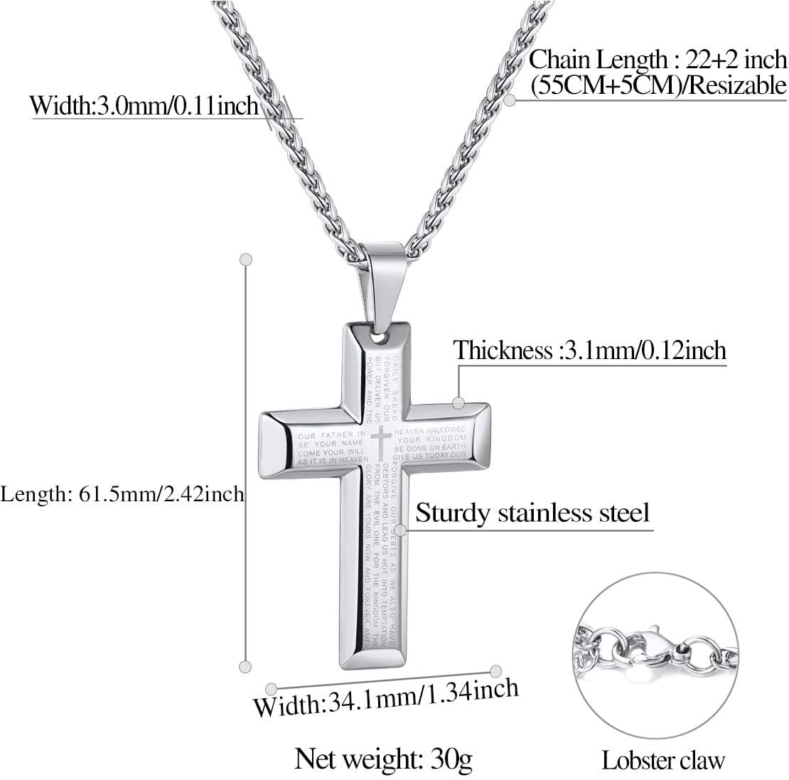 FindChic Men Cross Necklace Jewelry Stainless Steel Lord's Prayer Pendant with 22+2 inch Chain Christmas,with Gift Packaged