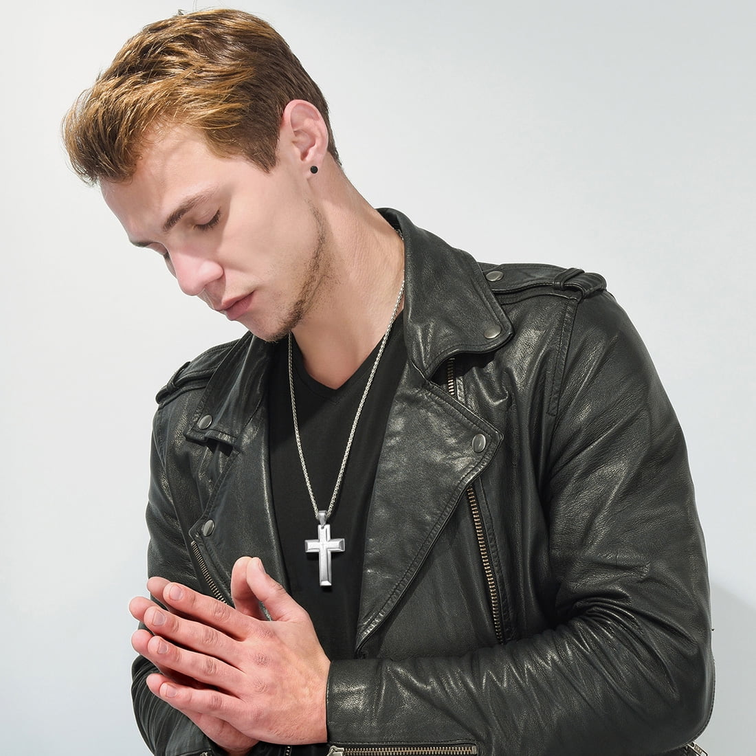 FindChic Men Cross Necklace Jewelry Stainless Steel Lord's Prayer Pendant with 22+2 inch Chain Christmas,with Gift Packaged