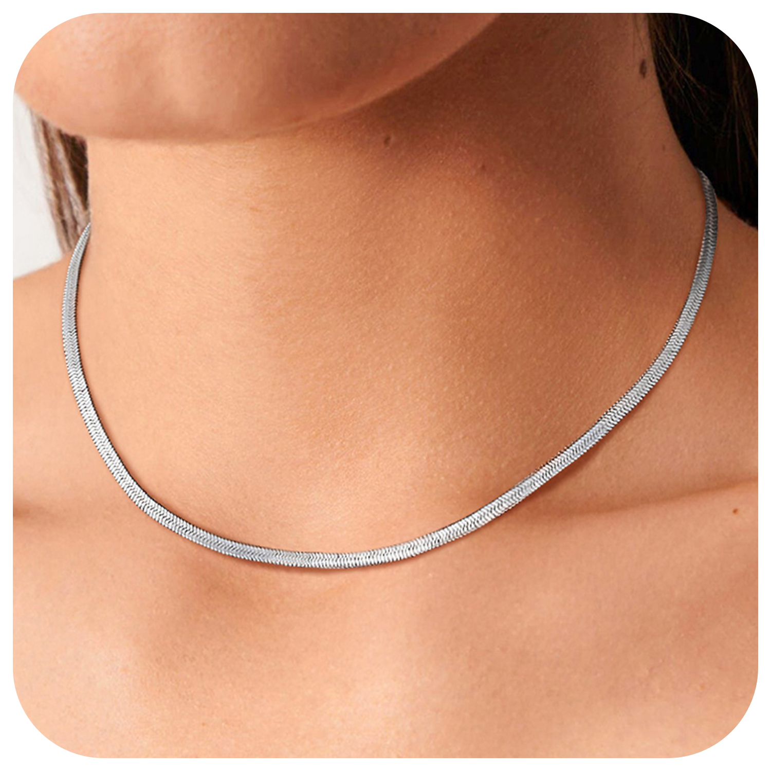 FindChic Stainless Steel Herringbone Necklace for Women, 3MM & 5MM Short Double Layered Choker Flat Snake Chain for Birthday Christmas with Gift Box