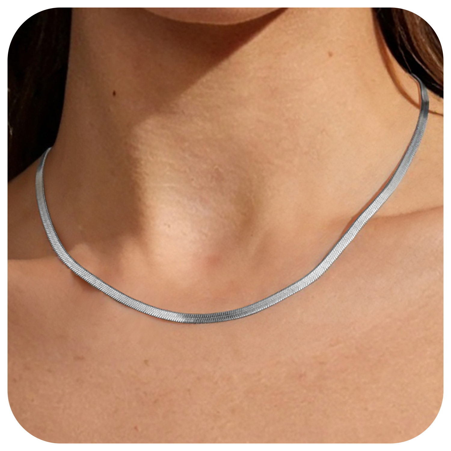 FindChic Stainless Steel Herringbone Necklace for Women, 3MM & 5MM Short Double Layered Choker Flat Snake Chain for Birthday Christmas with Gift Box