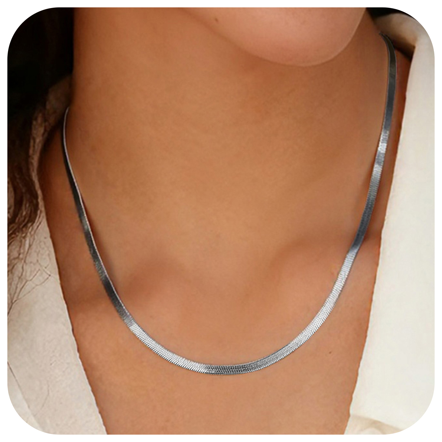 FindChic Stainless Steel Herringbone Necklace for Women, 3MM & 5MM Short Double Layered Choker Flat Snake Chain for Birthday Christmas with Gift Box