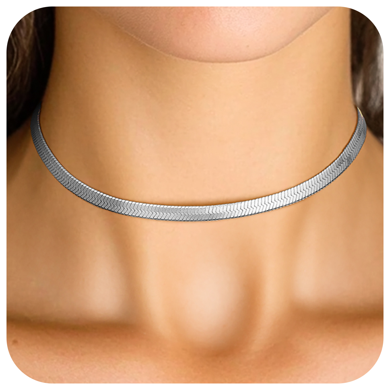 FindChic Stainless Steel Herringbone Necklace for Women, 3MM & 5MM Short Double Layered Choker Flat Snake Chain for Birthday Christmas with Gift Box