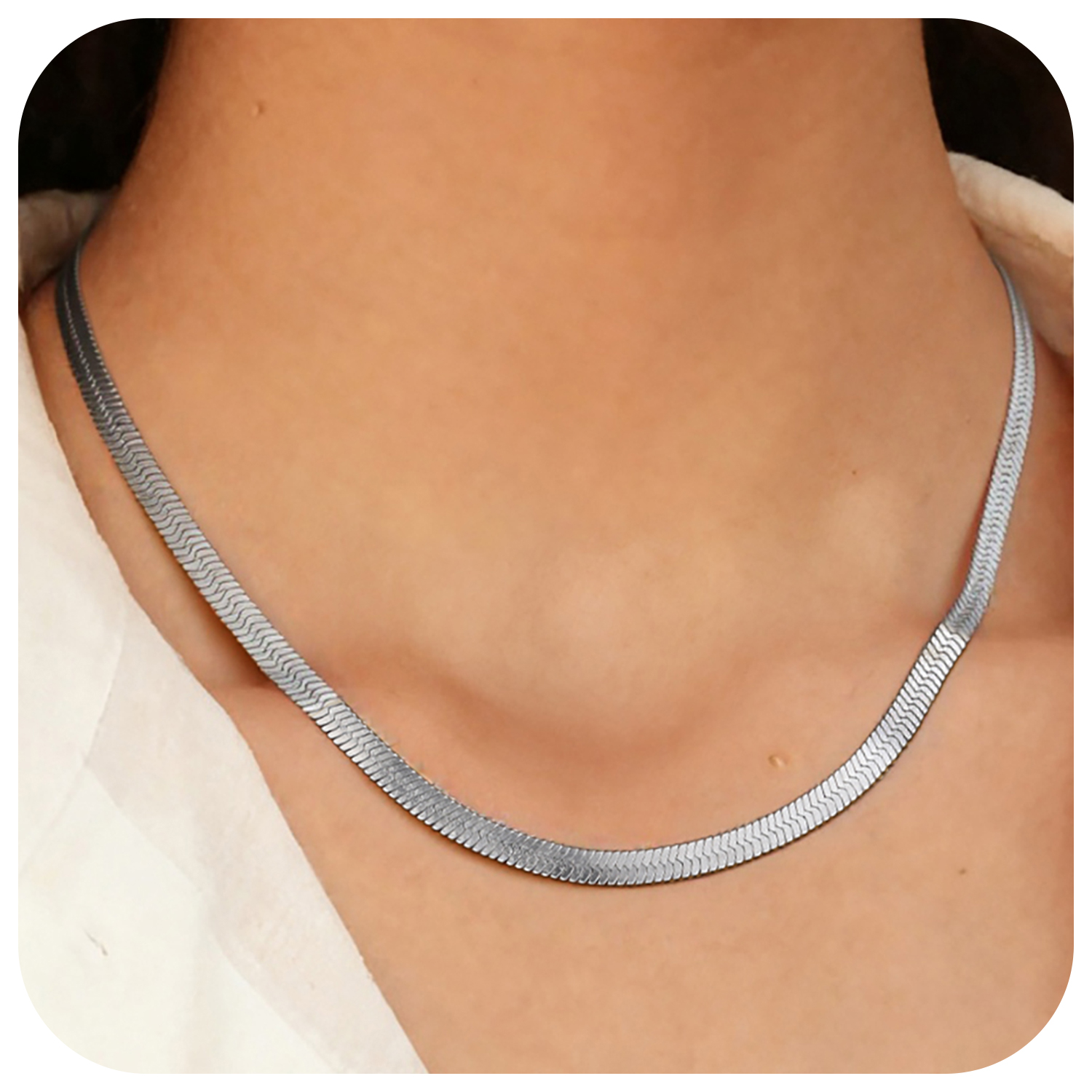 FindChic Stainless Steel Herringbone Necklace for Women, 3MM & 5MM Short Double Layered Choker Flat Snake Chain for Birthday Christmas with Gift Box