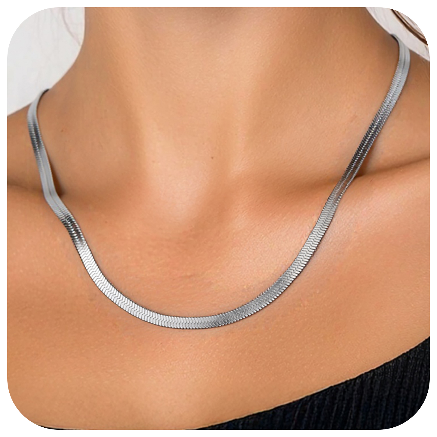 FindChic Stainless Steel Herringbone Necklace for Women, 3MM & 5MM Short Double Layered Choker Flat Snake Chain for Birthday Christmas with Gift Box