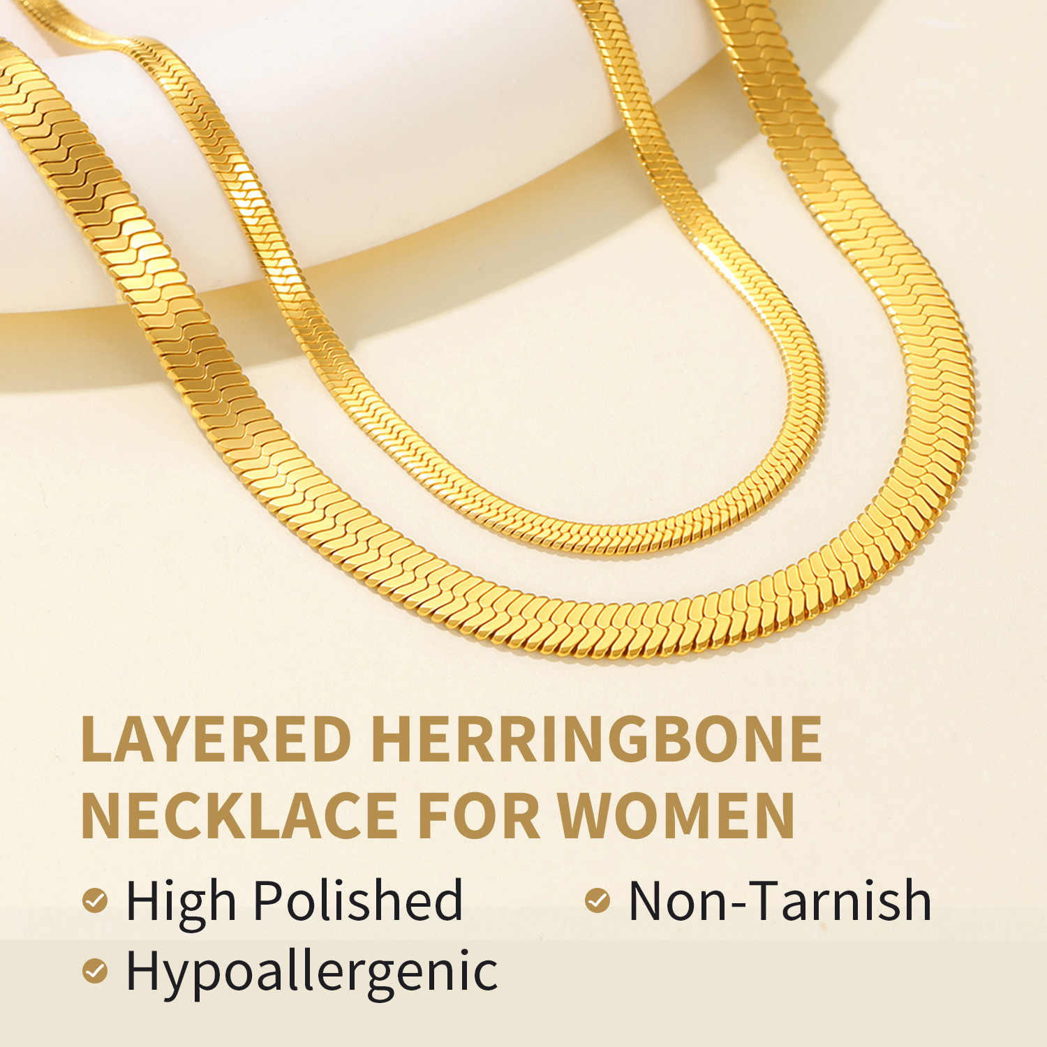 FindChic Stainless Steel Herringbone Necklace for Women, 3MM & 5MM Short Double Layered Choker Flat Snake Chain for Birthday Christmas with Gift Box