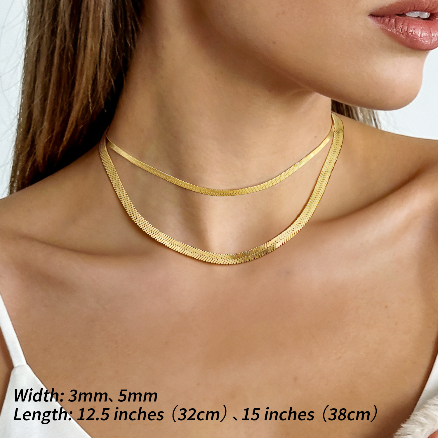 FindChic Stainless Steel Herringbone Necklace for Women, 3MM & 5MM Short Double Layered Choker Flat Snake Chain for Birthday Christmas with Gift Box