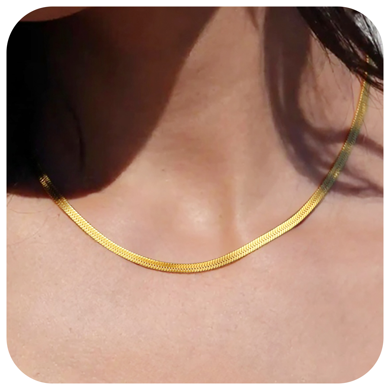 FindChic Stainless Steel Herringbone Necklace for Women, 3MM & 5MM Short Double Layered Choker Flat Snake Chain for Birthday Christmas with Gift Box