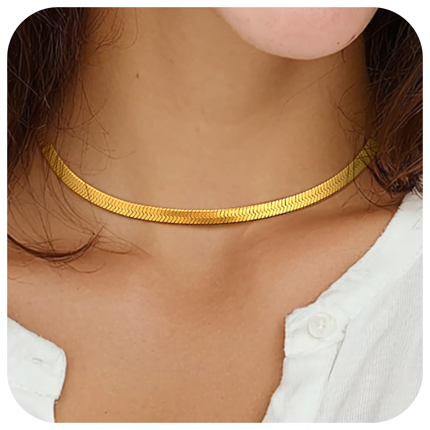 FindChic Stainless Steel Herringbone Necklace for Women, 3MM & 5MM Short Double Layered Choker Flat Snake Chain for Birthday Christmas with Gift Box