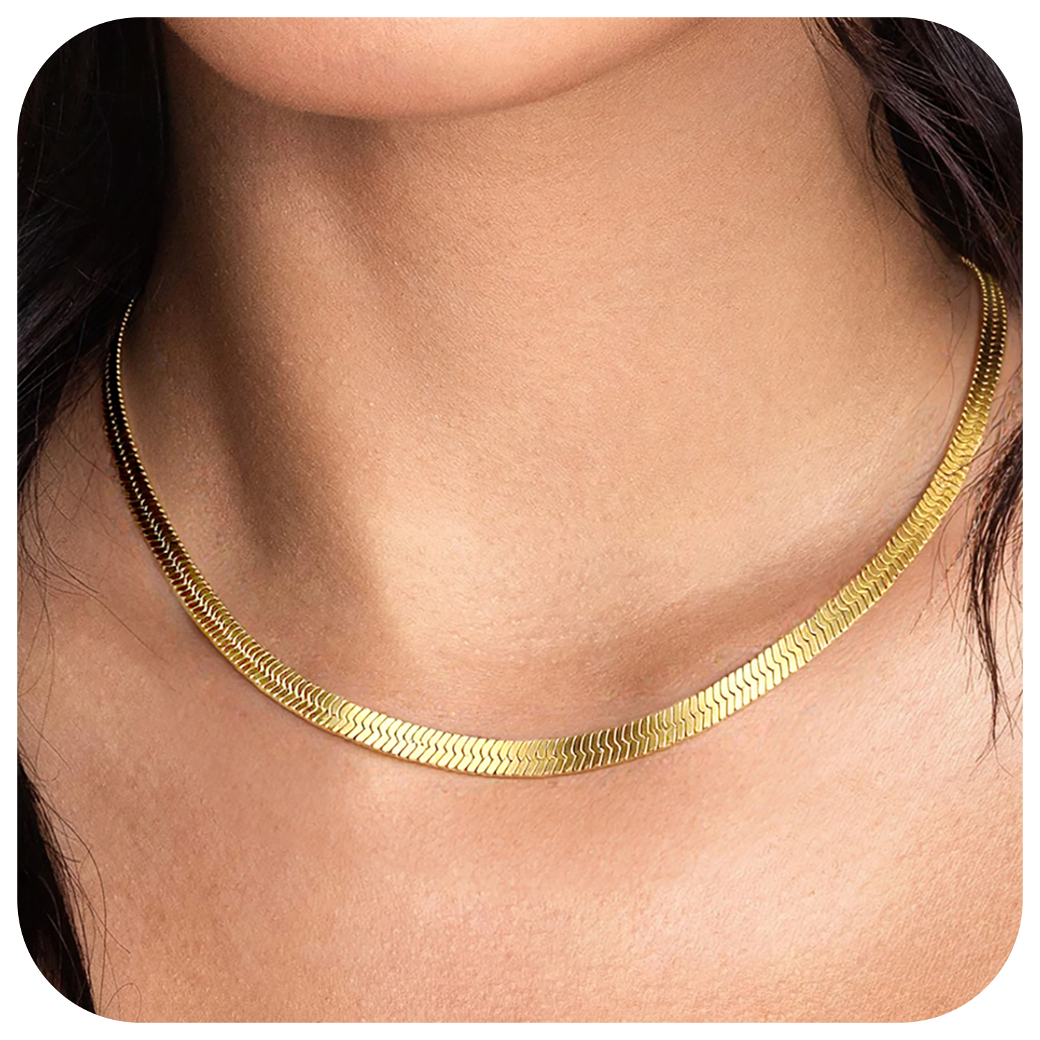 FindChic Stainless Steel Herringbone Necklace for Women, 3MM & 5MM Short Double Layered Choker Flat Snake Chain for Birthday Christmas with Gift Box