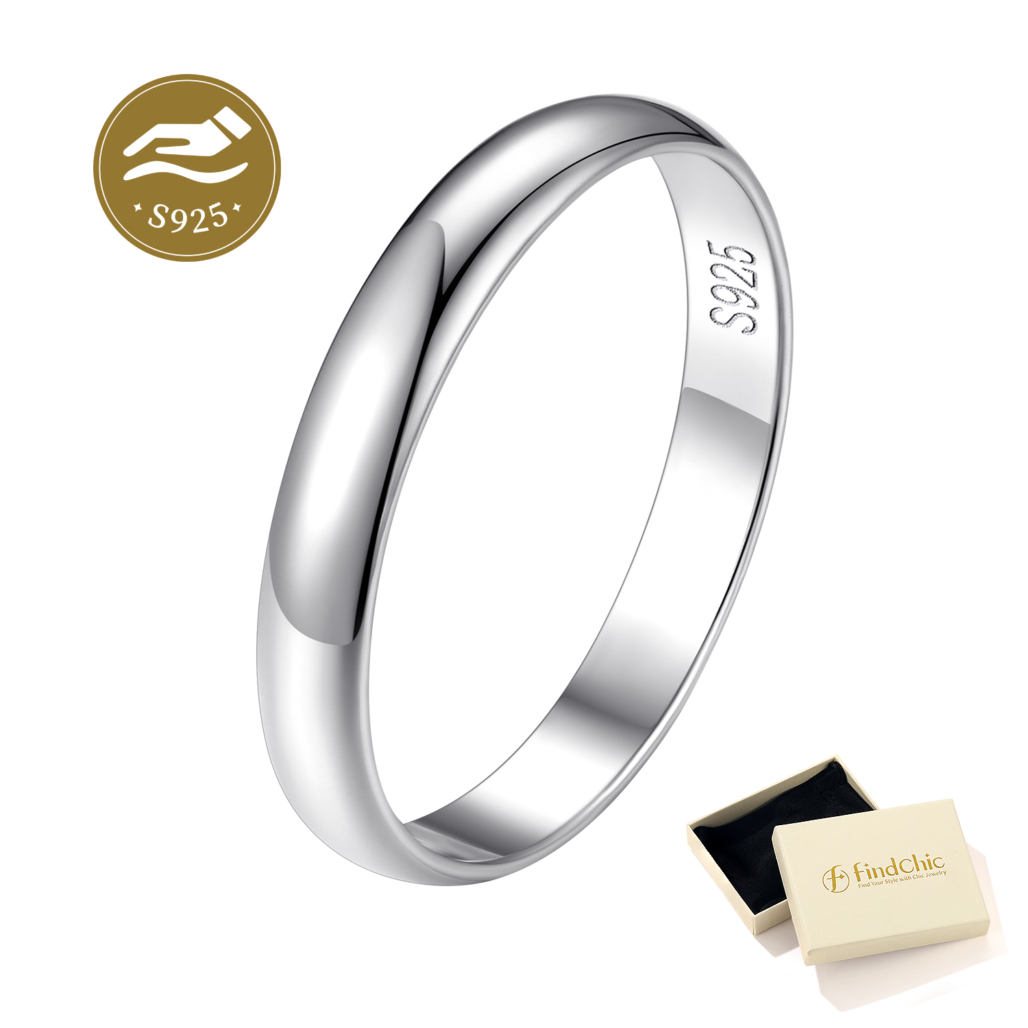 FindChic Simple Band Rings for Women,925 Sterling Silver Ring Engagement Wedding Band for Couple with Gift Box