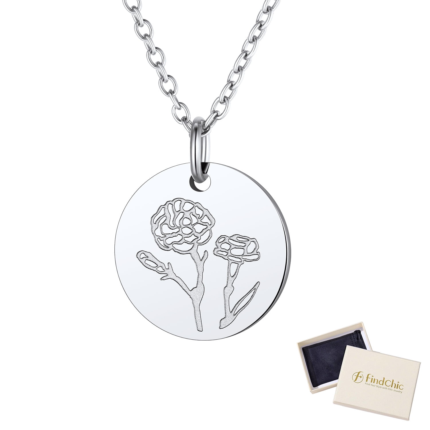 FindChic Birth Flower Necklaces for Women Stainless Steel Guardian Month Floral Carnation Pendant Necklace for Birthday Christmas Jewelry with Gift Box