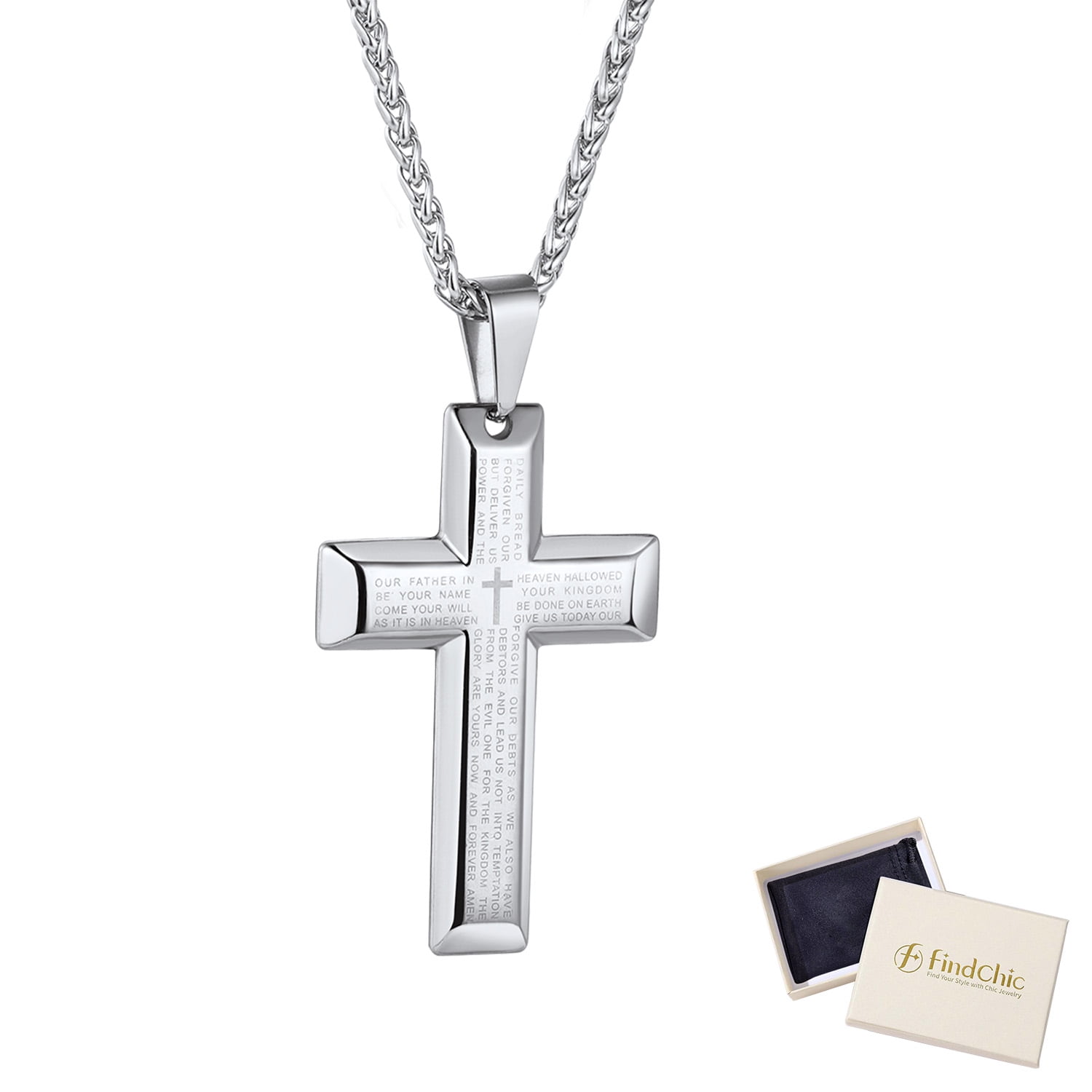 FindChic Men Cross Necklace Jewelry Stainless Steel Lord's Prayer Pendant with 22+2 inch Chain Christmas,with Gift Packaged