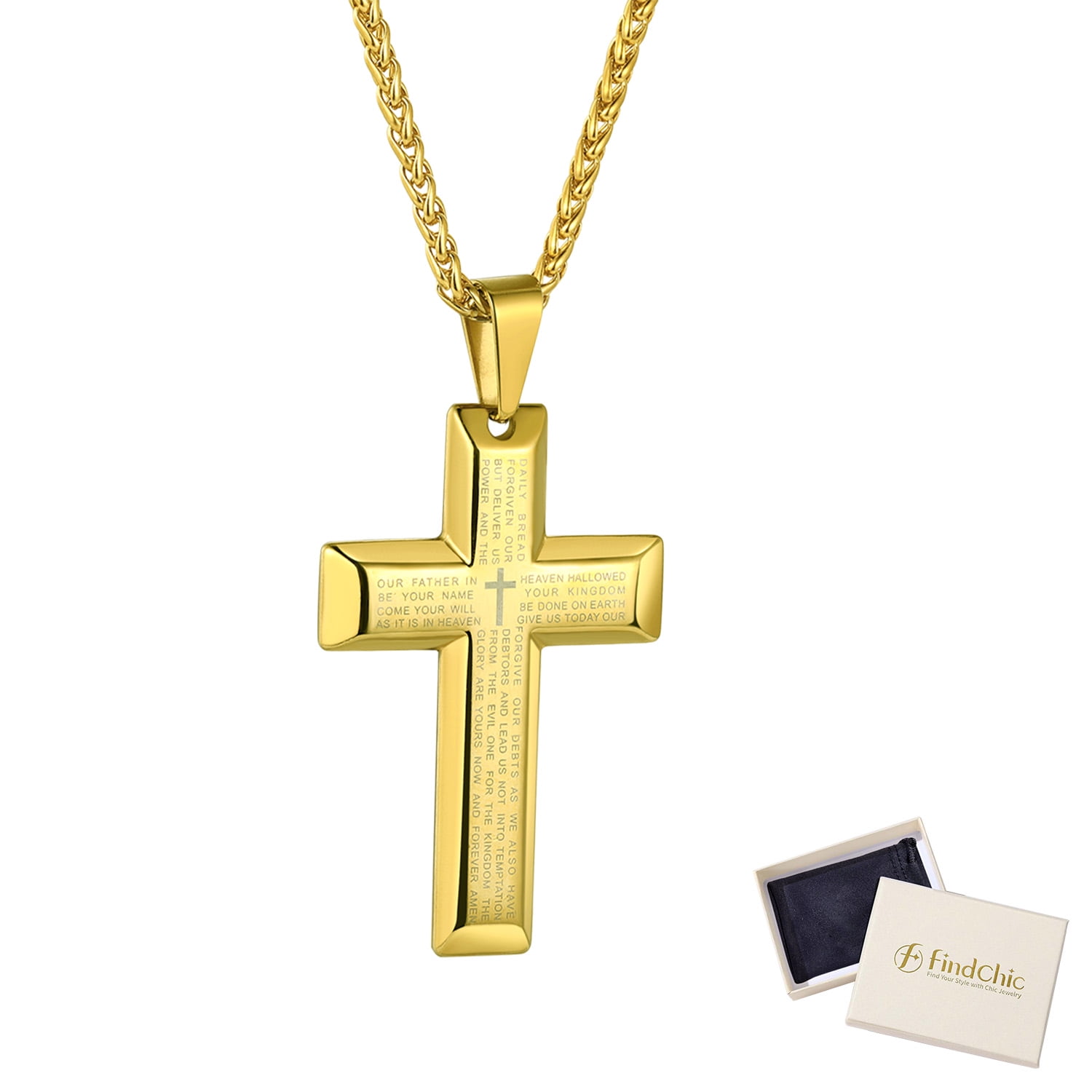FindChic Men Cross Necklace Jewelry Stainless Steel Lord's Prayer Pendant with 22+2 inch Chain Christmas,with Gift Packaged