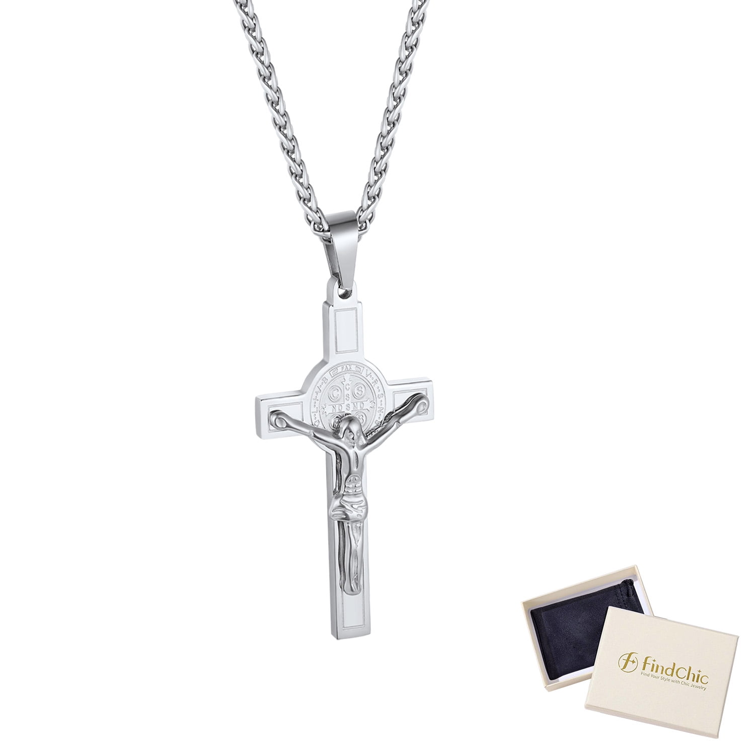 FindChic Men Cross Necklace Jewelry Stainless Steel Lord's Prayer Pendant with 22+2 inch Chain Christmas,with Gift Packaged