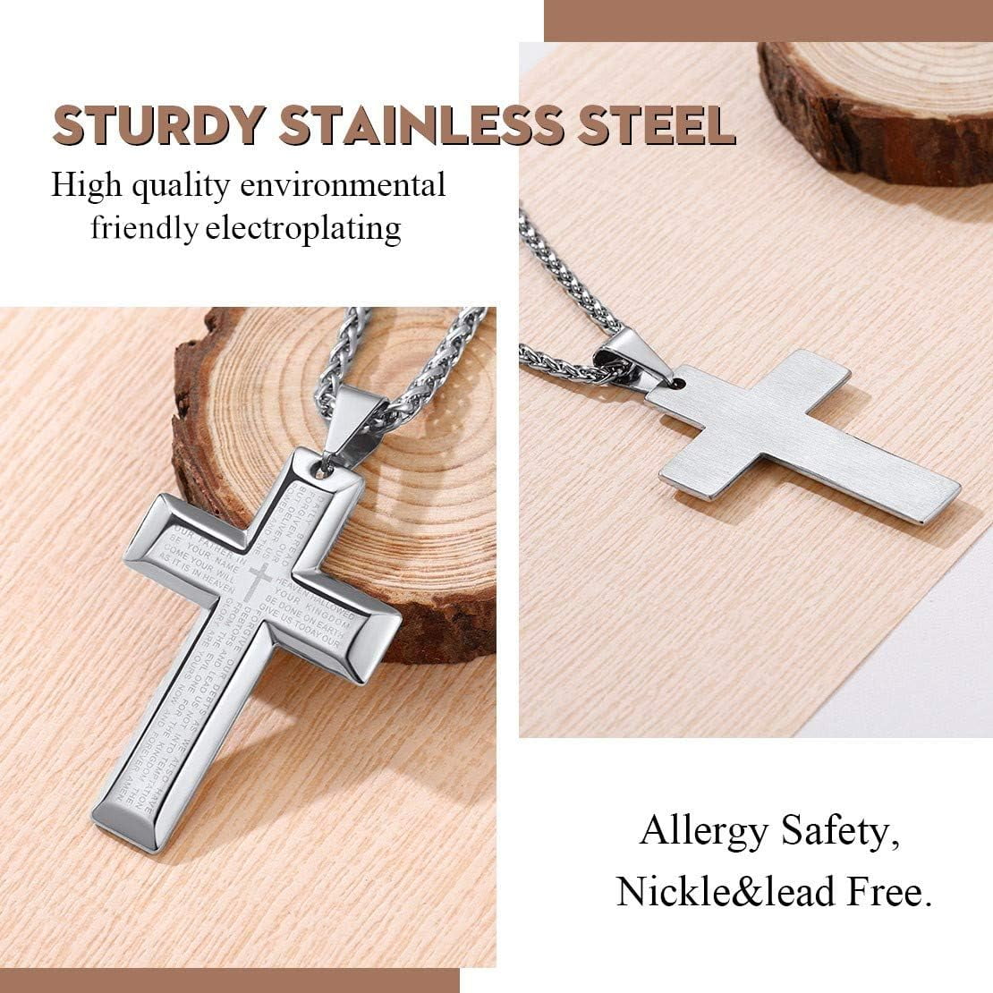 FindChic Men Cross Necklace Jewelry Stainless Steel Lord's Prayer Pendant with 22+2 inch Chain Christmas,with Gift Packaged