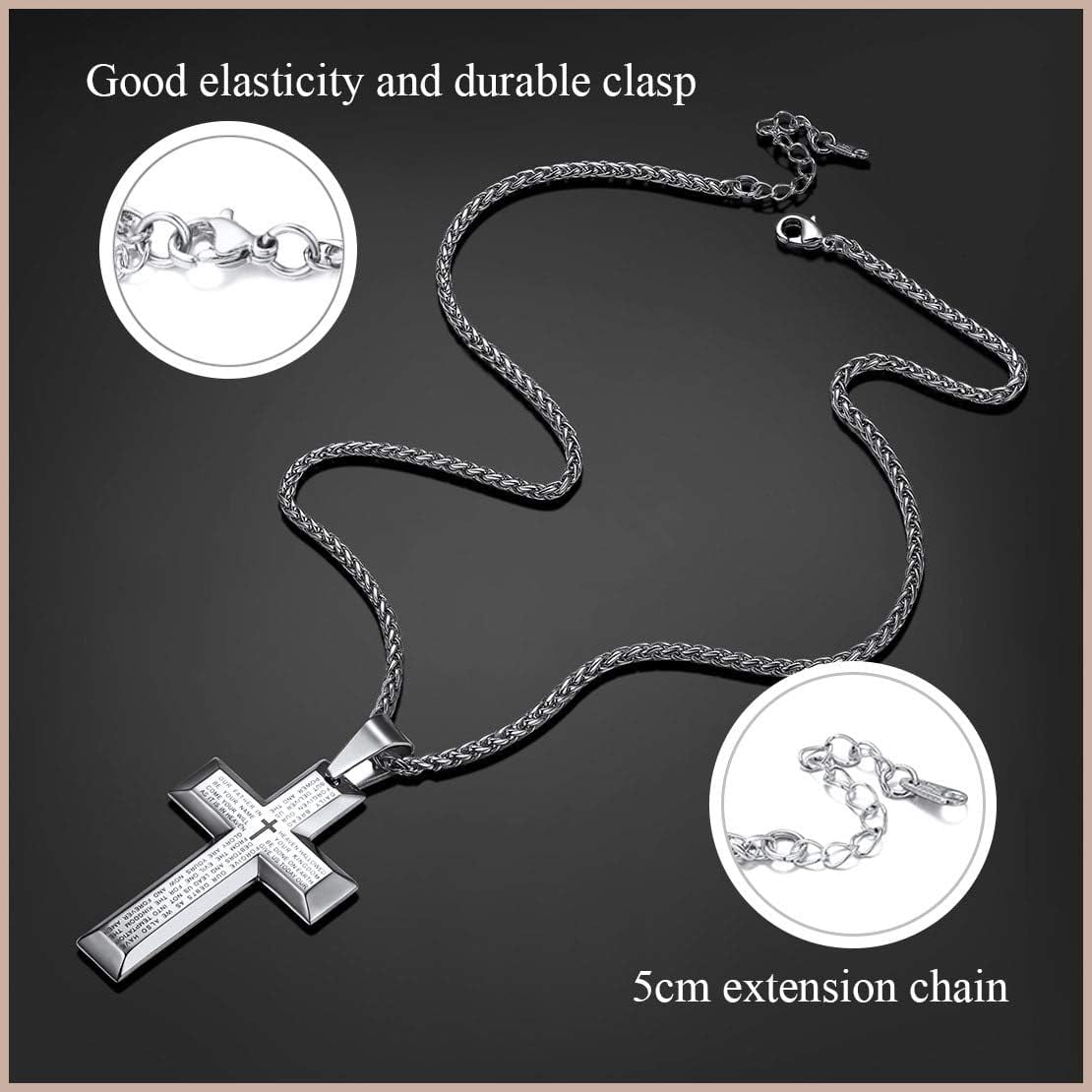 FindChic Men Cross Necklace Jewelry Stainless Steel Lord's Prayer Pendant with 22+2 inch Chain Christmas,with Gift Packaged