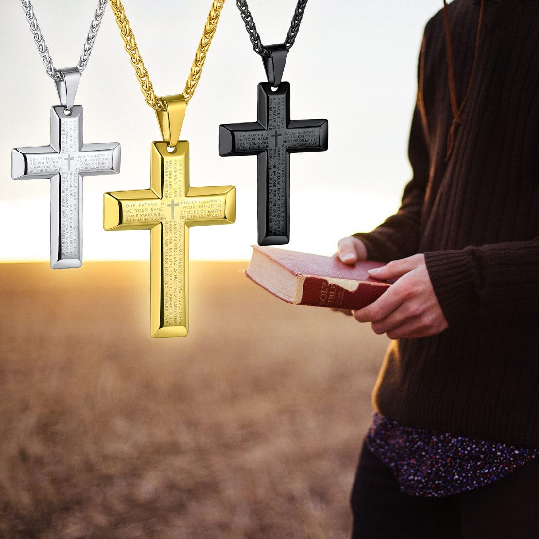 FindChic Men Cross Necklace Jewelry Stainless Steel Lord's Prayer Pendant with 22+2 inch Chain Christmas,with Gift Packaged