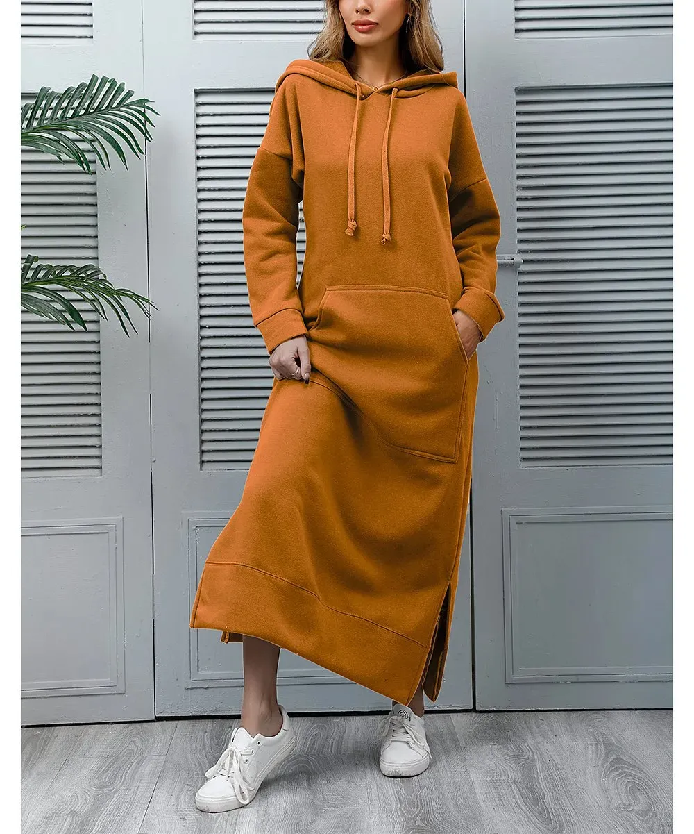 【S-5XL】Vestido solto com capuz e cor sólida com bolsos ousados