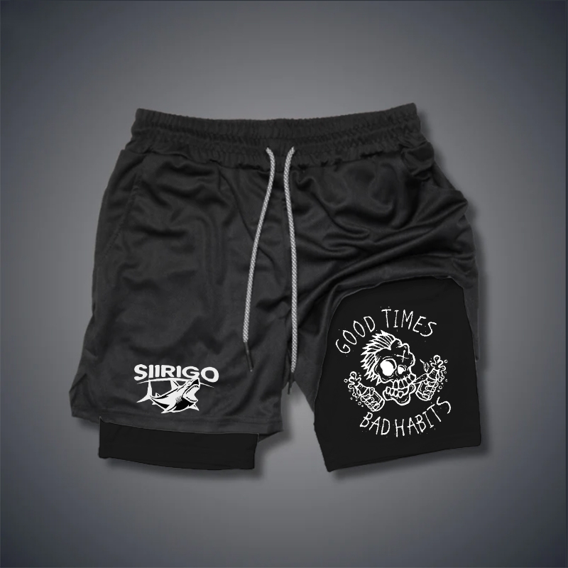 GOOD TIMES, BAD HABITS Funny Skull 2 In 1 GYM PERFORMANCE SHORTS