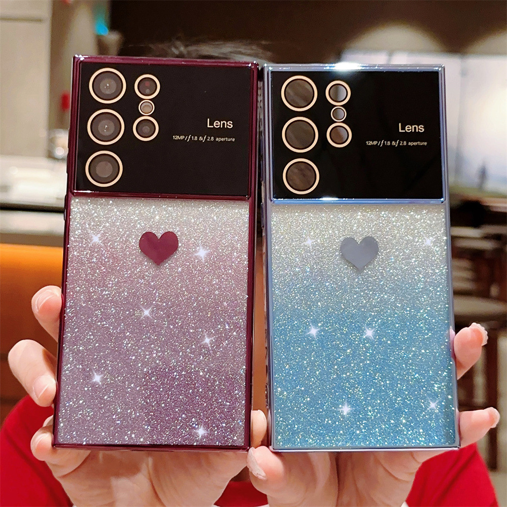 Large Window Lens Gradient Glitter Heart Case For Samsung