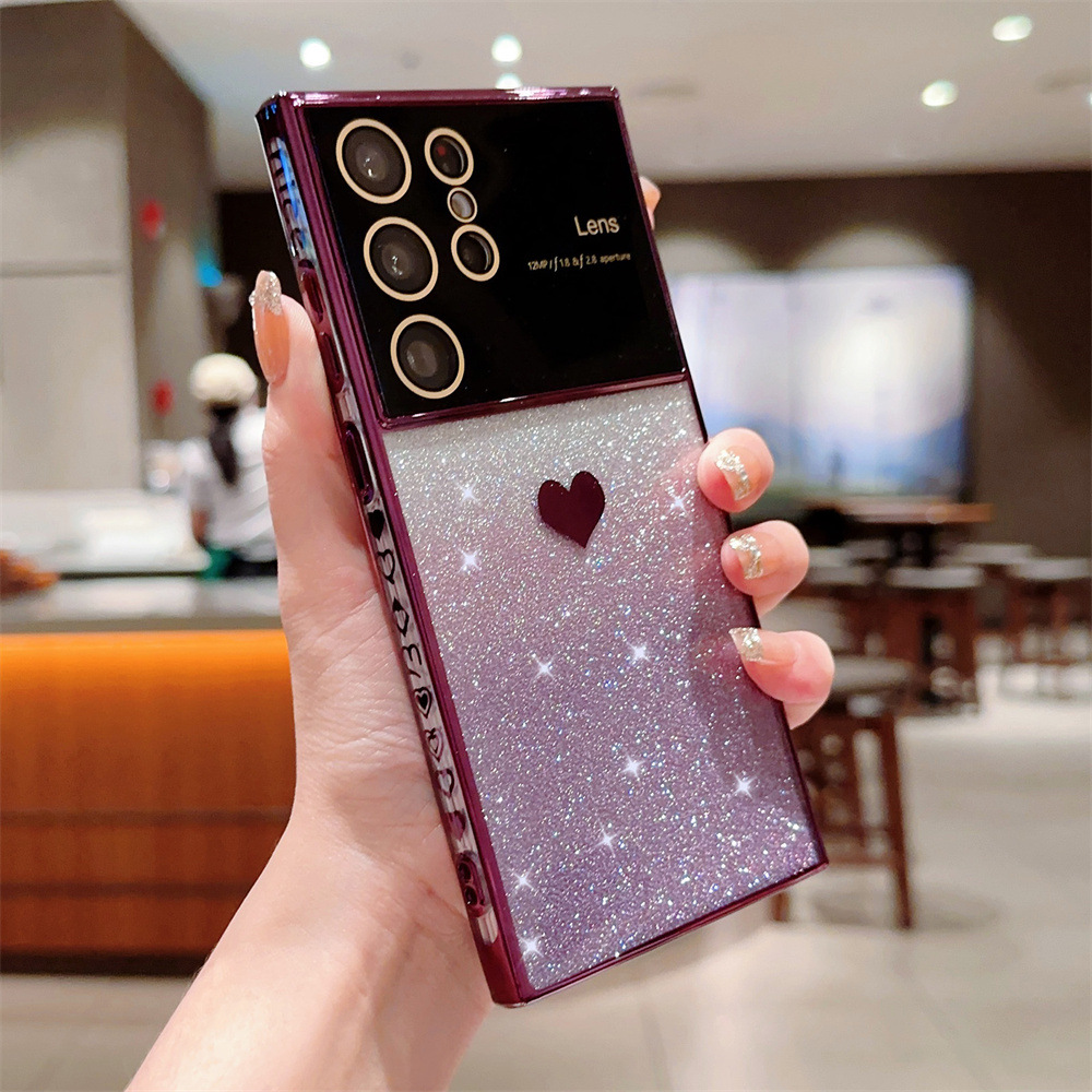 Large Window Lens Gradient Glitter Heart Case For Samsung