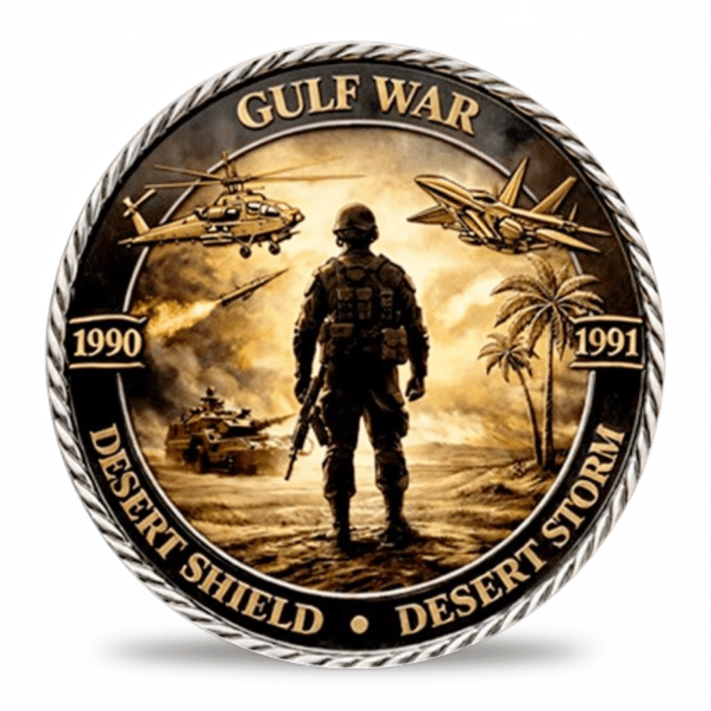 Gulf War coin face with a soldier, aircraft, tank and the dates 1990 and 1991