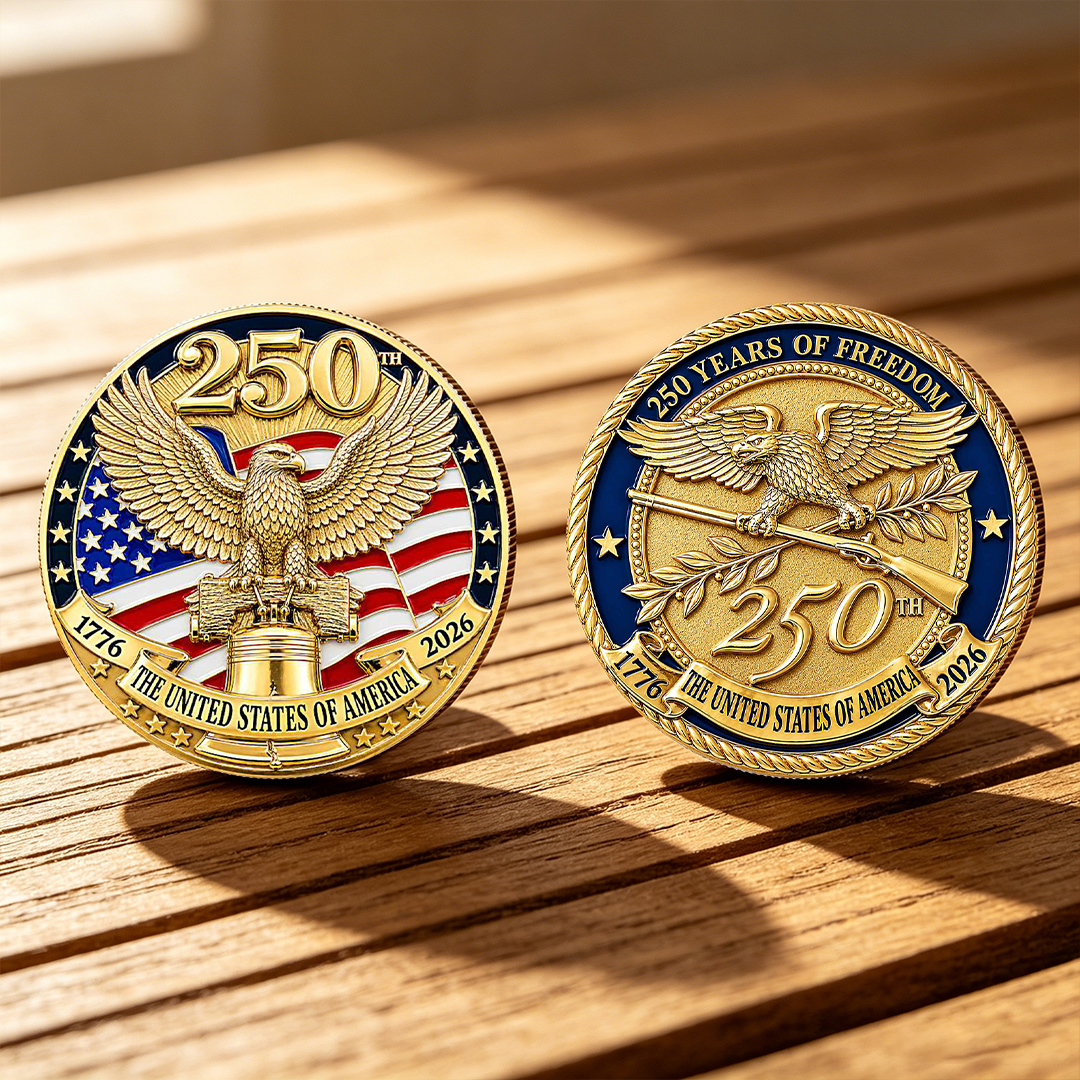 America’s 250th Anniversary 24K Gold-Plated Challenge Coin 💎 – Limited Edition Collectible 🏆 (1776–2026)