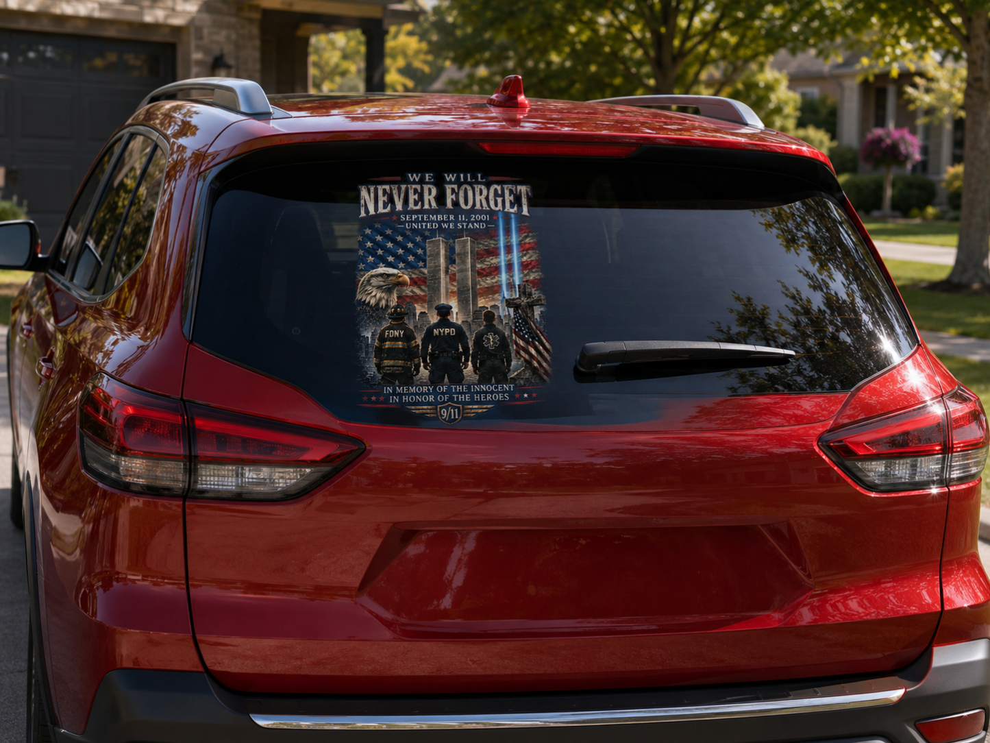 9/11 Never Forget Memorial Rear Window Decal – FDNY, NYPD & First Responders Tribute