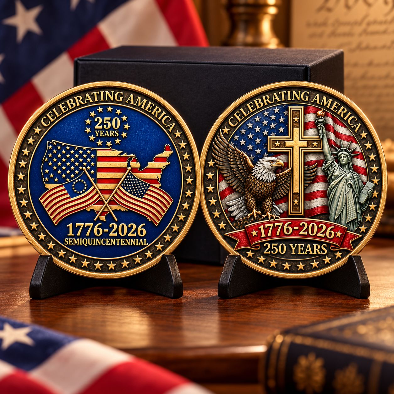 Front and reverse coin designs displayed in a collectible-themed gift setting