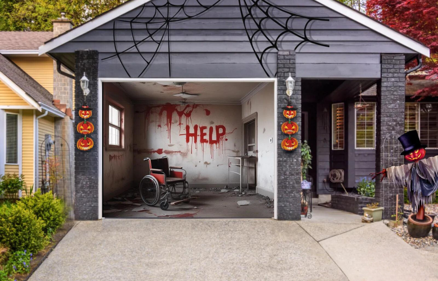 Chilling Abandoned Room with Wheelchair and Help Message Garage Door Cover Banner Wrap - Decor Your Door