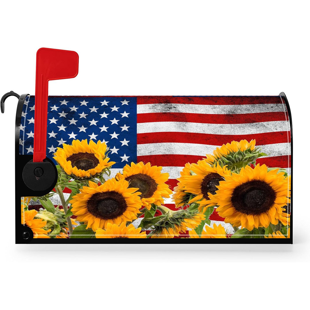 4th of July Mailbox Cover Patriotic American Stripes Stars Flag with Sunflowers