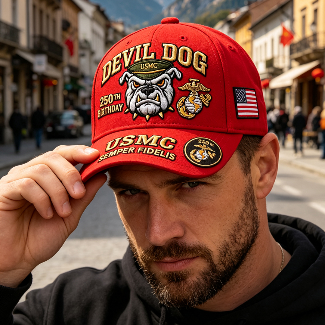 🔥 Father’s Day Sale - ❤️Handmade Devil Dog USMC 250th Birthday Commemorative Cap 🇺🇸