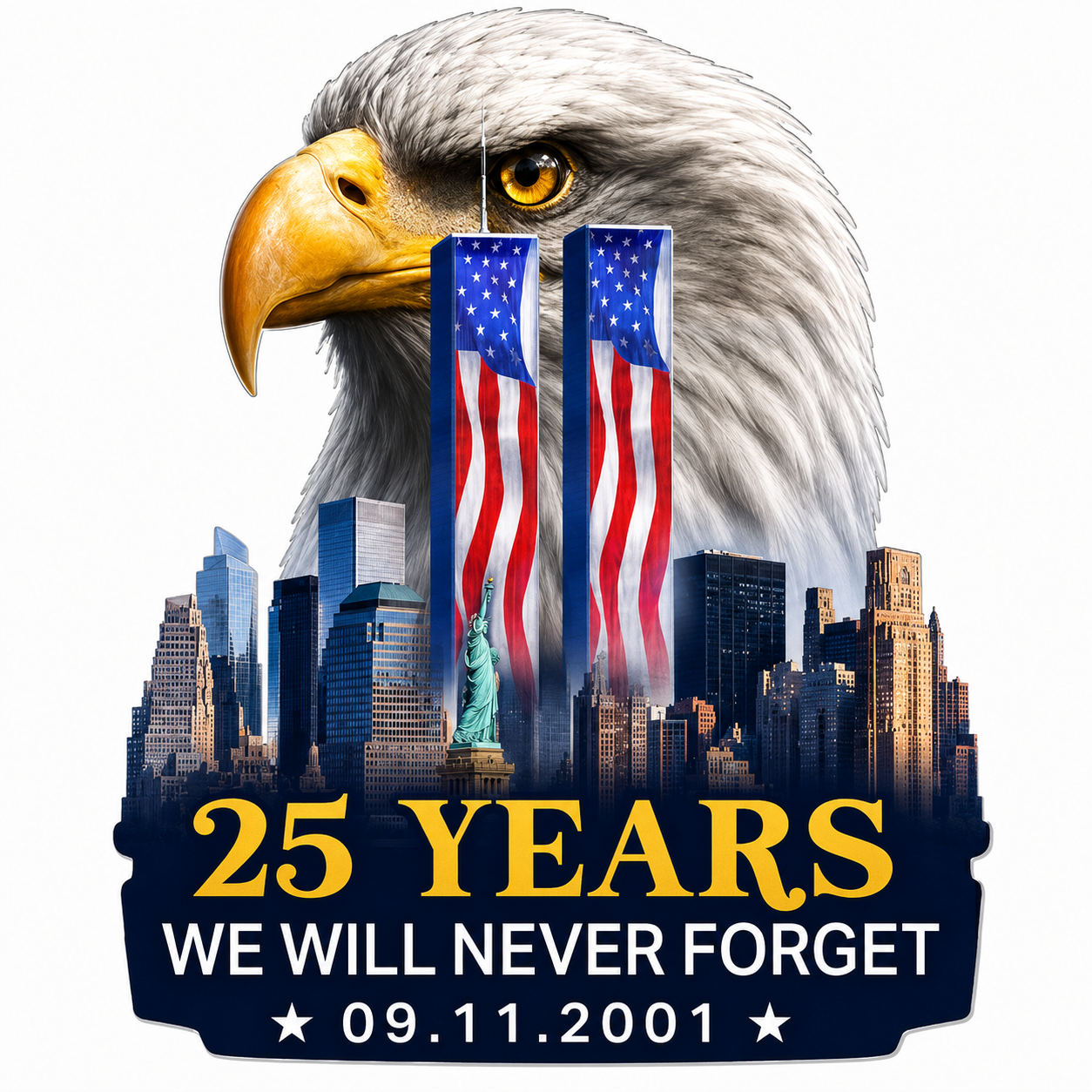 9/11 25th Anniversary Bald Eagle Memorial Car Decal – We Will Never Forget 09.11.2001