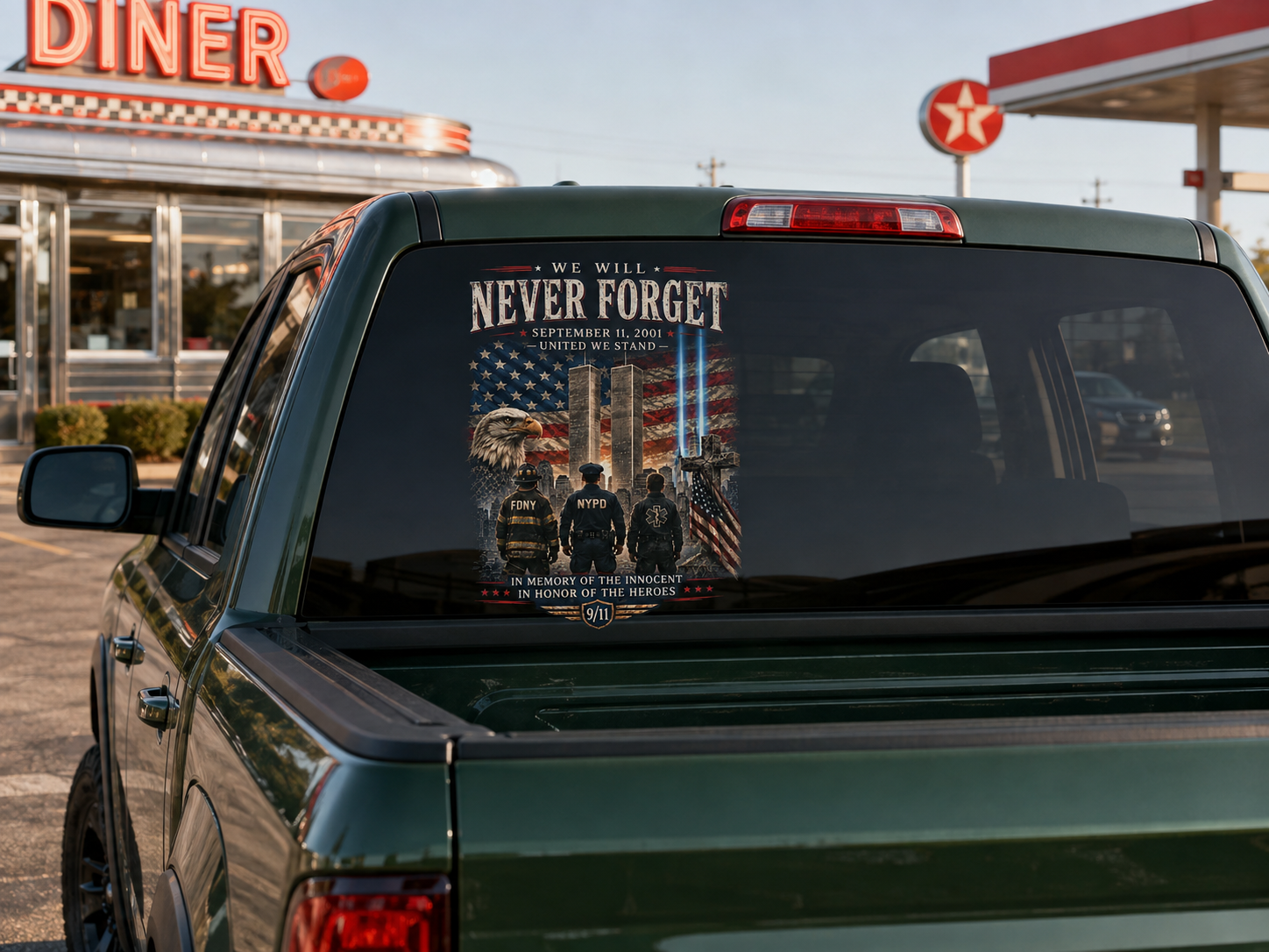 9/11 Never Forget Memorial Rear Window Decal – FDNY, NYPD & First Responders Tribute