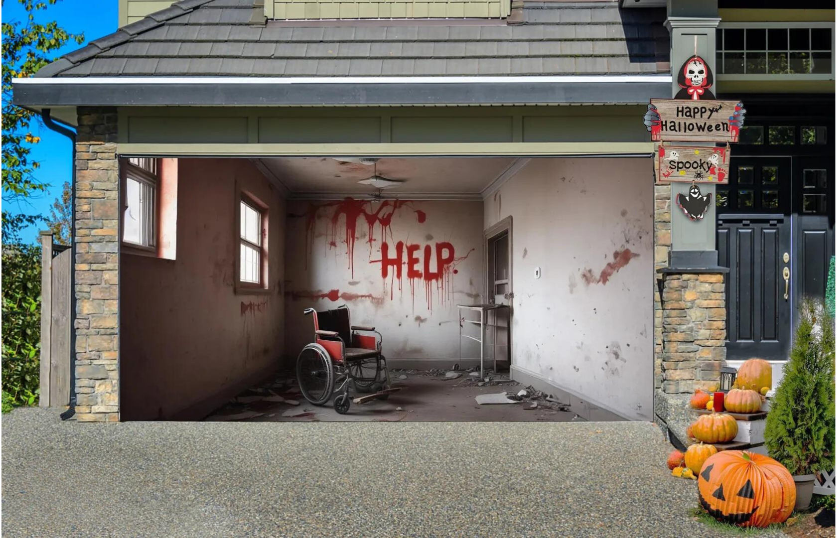 Chilling Abandoned Room with Wheelchair and Help Message Garage Door Cover Banner Wrap - Decor Your Door