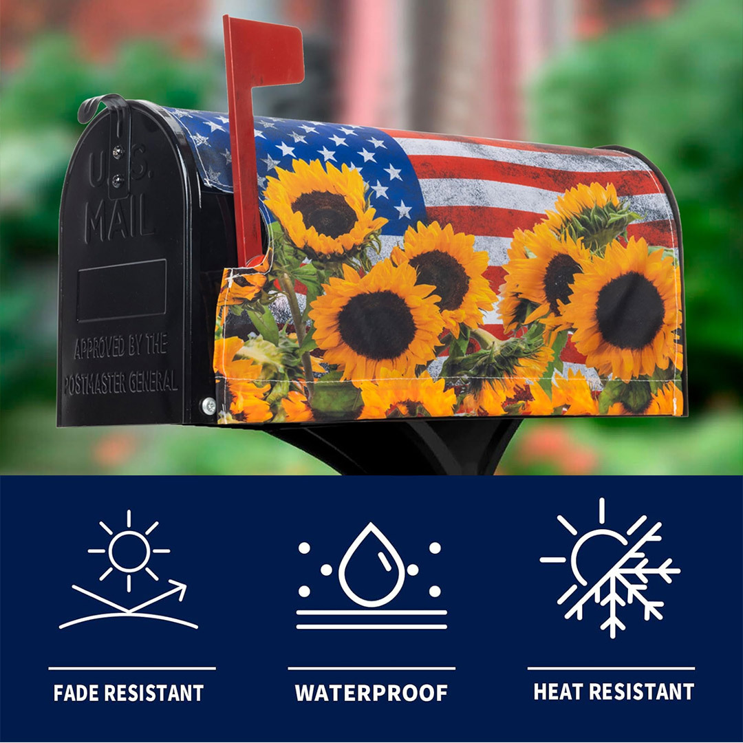 4th of July Mailbox Cover Patriotic American Stripes Stars Flag with Sunflowers