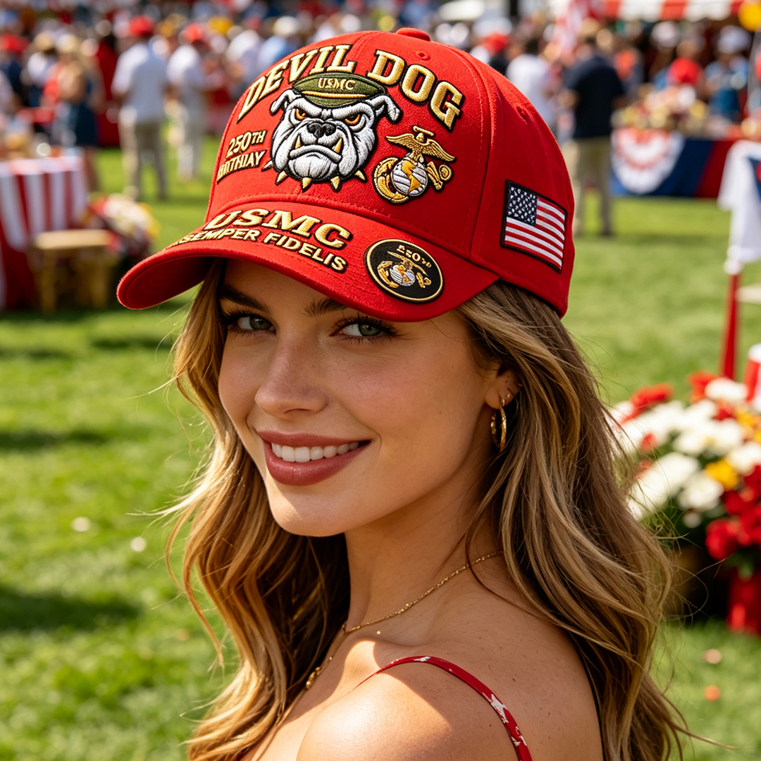 🔥 Father’s Day Sale - ❤️Handmade Devil Dog USMC 250th Birthday Commemorative Cap 🇺🇸