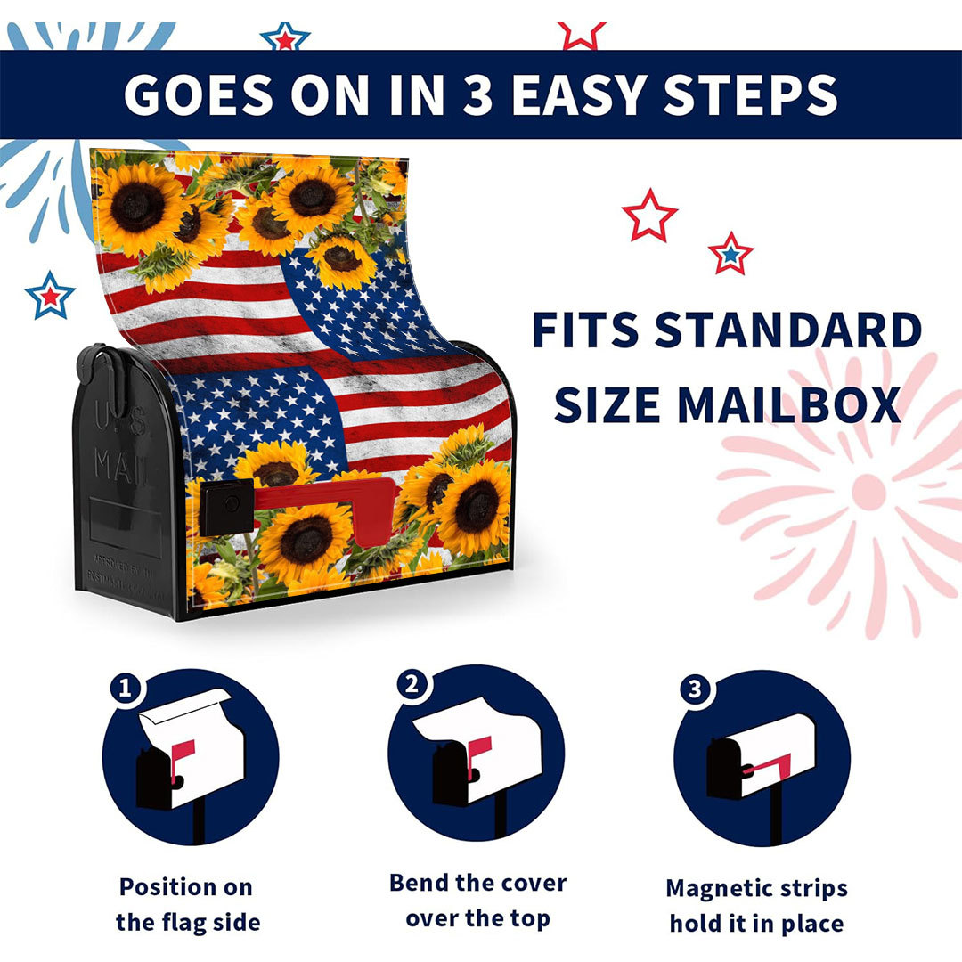 4th of July Mailbox Cover Patriotic American Stripes Stars Flag with Sunflowers