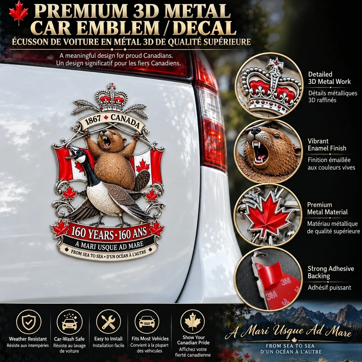 🍁Canada 160th Anniversary “A Mari Usque Ad Mare” Tribute Metal Car Emblem