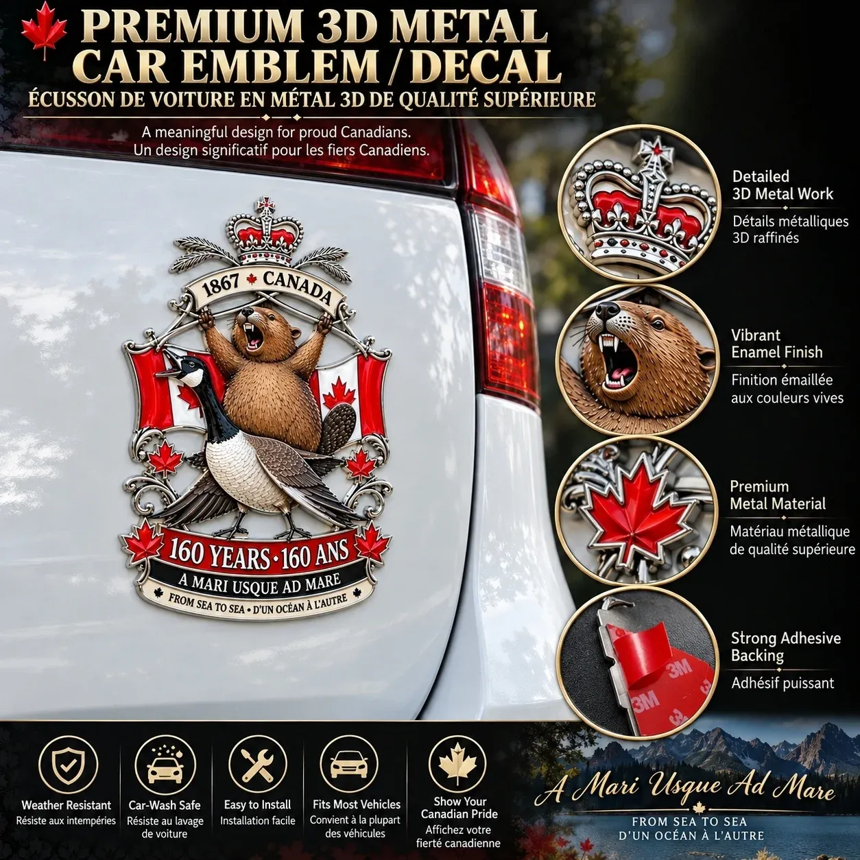 🍁Canada 160th Anniversary “A Mari Usque Ad Mare” Tribute Metal Car Emblem