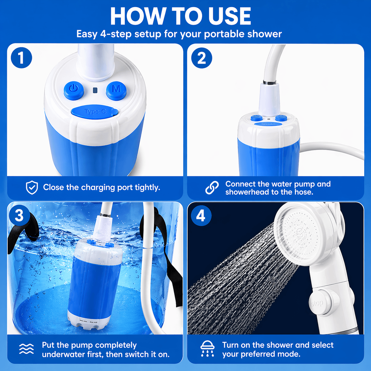 Portable Camping Shower Pump | Rechargeable Outdoor Shower Kit