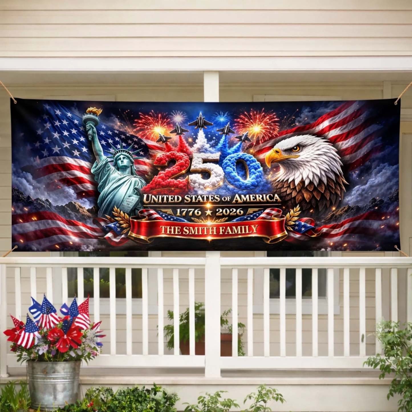 Custom Polyester Outdoor Banner - Personalized America 250th Anniversary Gifts For Mom, Dad, Brother, Sister, Kids - Strong As One