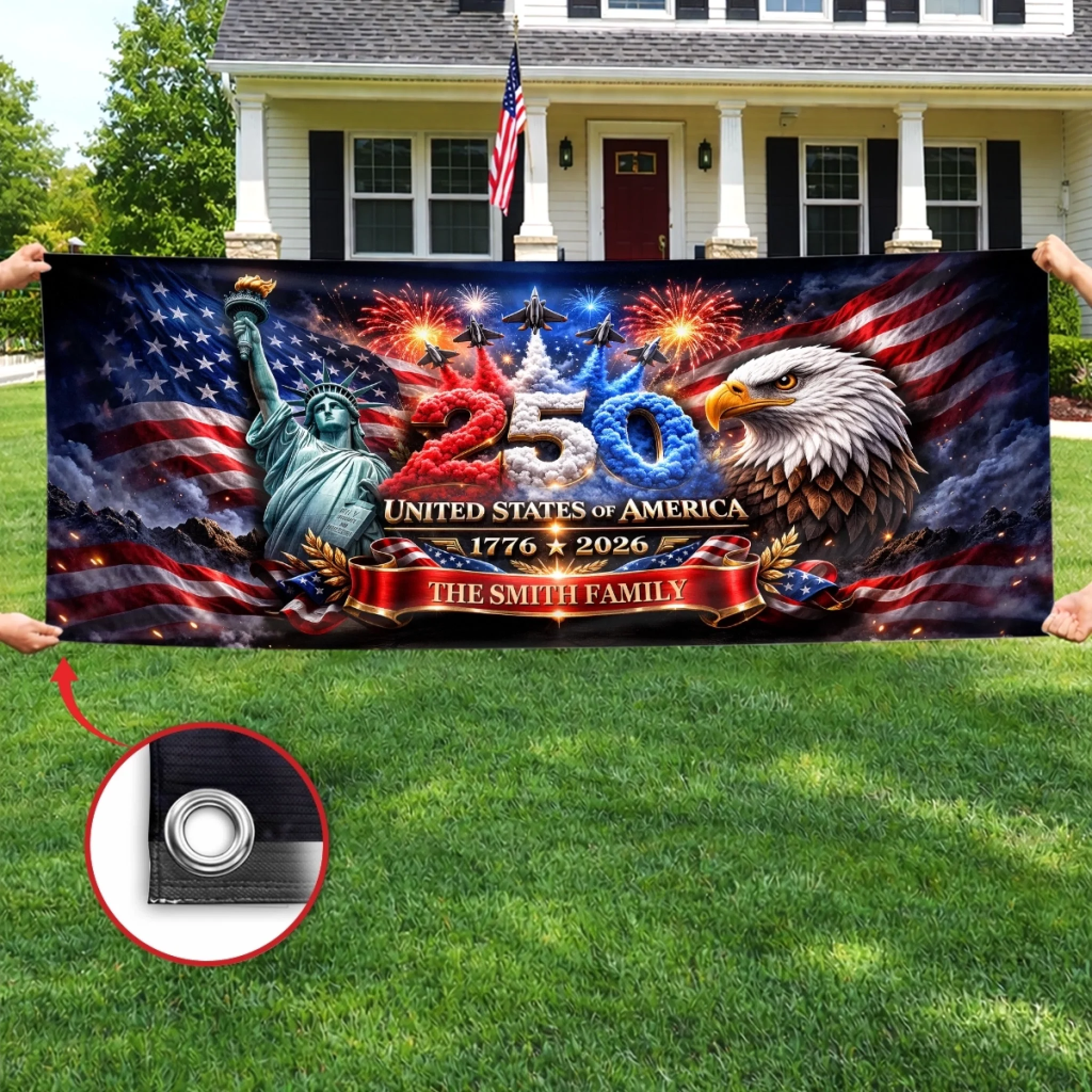 Custom Polyester Outdoor Banner - Personalized America 250th Anniversary Gifts For Mom, Dad, Brother, Sister, Kids - Strong As One